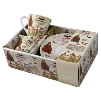 Set 2 cesti cafea cu farfurioare din ceramica, suvenir gift shop, 70 ml castelul bran